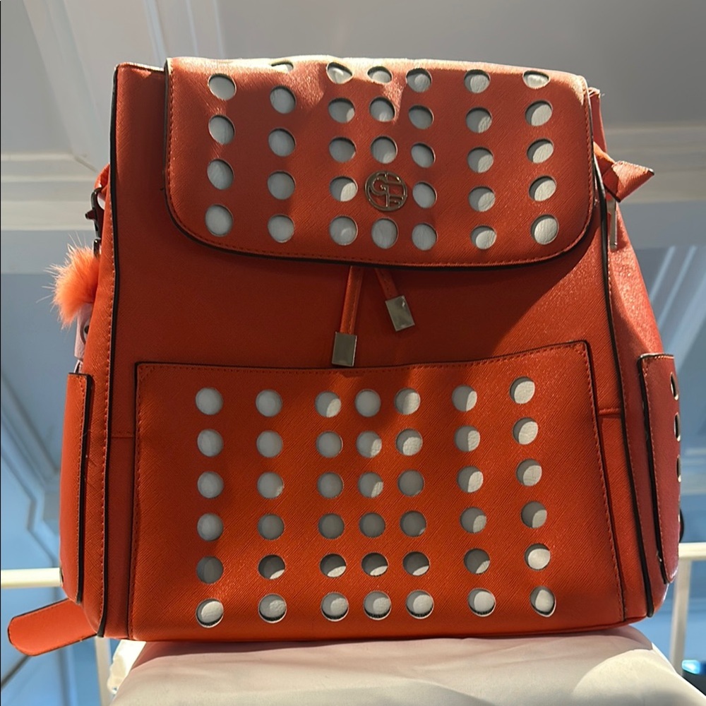Orange and White Tori Burch Style Backpack with Studded Detailing